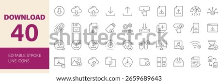 Download icon set. Containing upload, document, arrow, link, folder, download file, data, PDF, cloud storage, web, button and more. Editable line icons. Vector illustration.