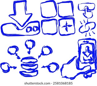 Download icon set in doodle style. Hand-drawn Contains upload, document, link, download file, folder, data and PDF icons. Solid icon collection