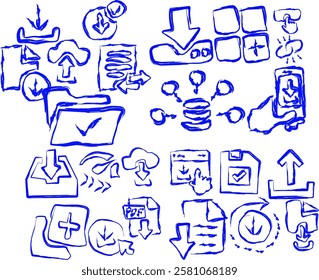 Download icon set in doodle style. Hand-drawn Contains upload, document, link, download file, folder, data and PDF icons. Solid icon collection