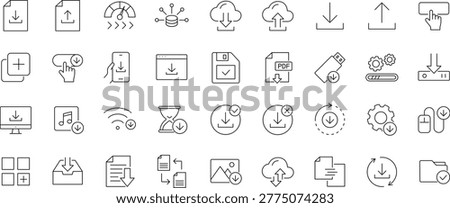 Download icon set. Editable line icons. Containing upload, document, arrow, link, folder, download file, data, PDF, cloud storage, web, button and more.