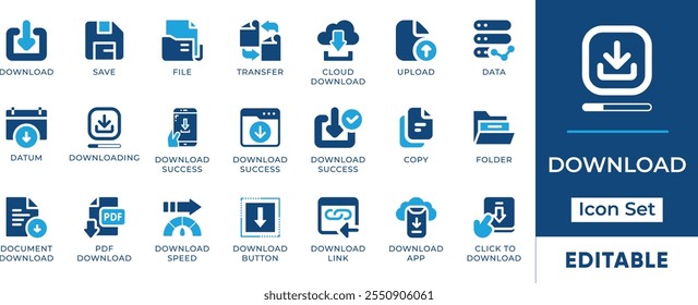 Download Icon Set. Features editable icons for download symbols, upload, file transfer, data, cloud storage, and more. Perfect for websites, apps, and digital projects.
