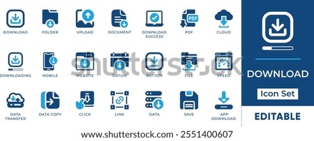 Download Icon Set. Features editable icons for download, upload, file transfer, data, cloud storage, and more. Perfect for websites, apps, and digital projects.