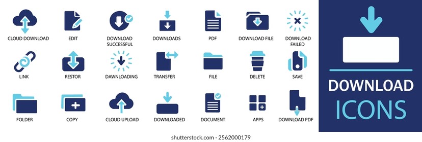 Download icon set. Featuring detailed illustrations of upload, document, link, download file, folder, data and PDF icons. Cohesive set of scalable vector icons.