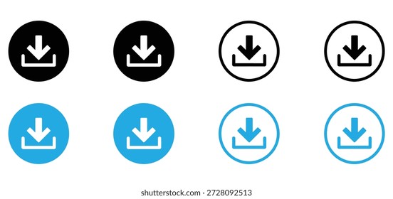 Conjunto de iconos de Descarga con símbolos de flecha hacia abajo en Botones circulares negros y azules para el diseño de la interfaz de usuario, Botón de descarga sign.Descarga. Icono de archivos de Descarga