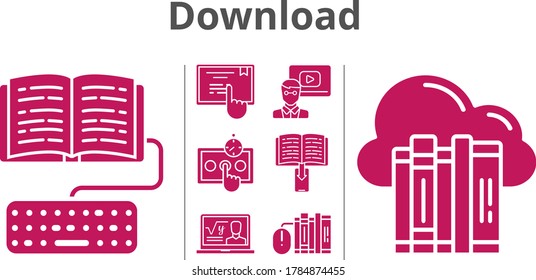 download icon set. included cloud, professor, teacher, e-book, books, homework, touchscreen icons. filled styles.