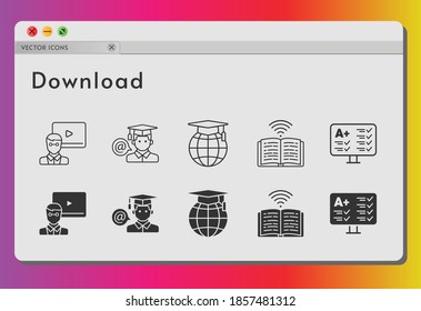 download icon set. included teacher, test, student, school icons on white background. linear, filled styles.