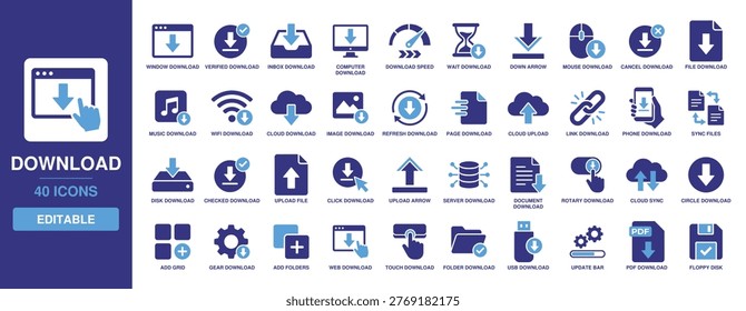 Download icon set including solid glyph symbols for file transfer, cloud upload, update progress, phone download, server sync, computer disk, music download, and web document load.