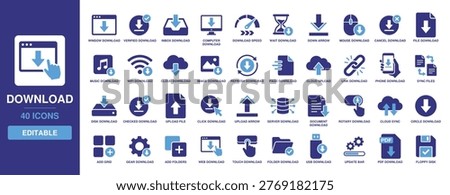 Download icon set including solid glyph symbols for file transfer, cloud upload, update progress, phone download, server sync, computer disk, music download, and web document load.