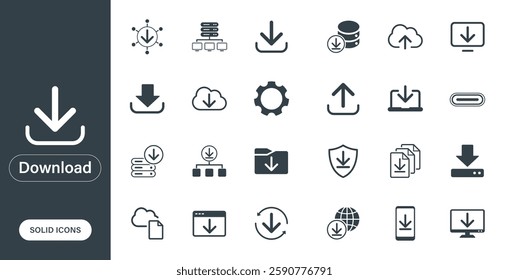 Download icon set in modern flat vector design. Includes simple, minimalist download symbols for web, app, and software interfaces.