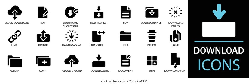 Download icon set. Showcasing intricately designed representations of upload, document, link, download file, folder, data and PDF icons. A well organized collection of adaptable solid vector icons