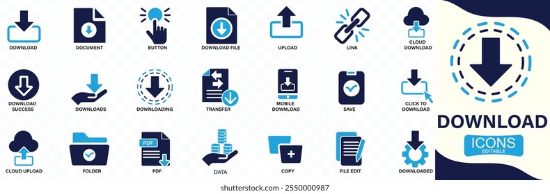 Conjunto de ícones de download. upload, documento, link, arquivo de download, pasta, dados e PDF, Você pode facilmente alterar a cor