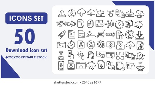 Download Icon Set. Upload, Document, Cloud Storage, Folder, PDF, Web and Data Line Icons. Editable Vector Illustration