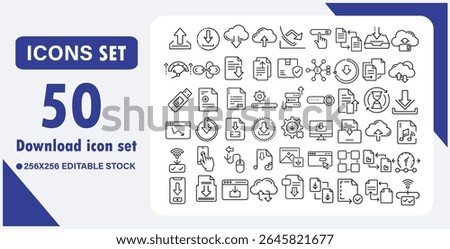 Download Icon Set. Upload, Document, Cloud Storage, Folder, PDF, Web and Data Line Icons. Editable Vector Illustration