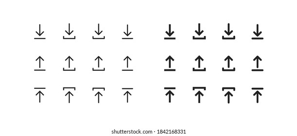 Download icon set. Upload symbol. Web file, data button. App arrow, document in vector flat style.