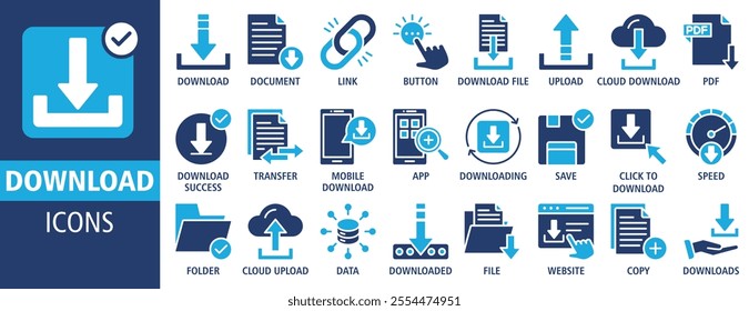 Download icon set vector concept illustration. Containing icon of upload, document, link, download file, folder, transfer, copy, data and PDF icons. Solid icon symbol background collection.