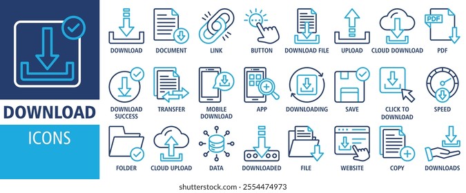 Download icon set vector concept illustration. Containing icon of upload, document, link, download file, folder, transfer, copy, data and PDF icons. Outline icon symbol background collection.