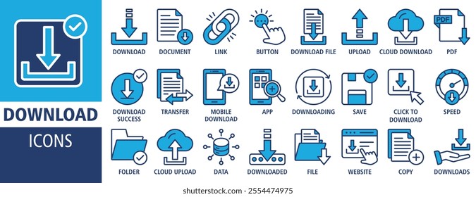 Download icon set vector concept illustration. Containing icon of upload, document, link, download file, folder, transfer, copy, data and PDF icons. Outline icon symbol background collection.