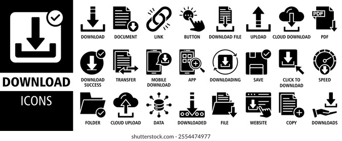 Download icon set vector concept illustration. Containing icon of upload, document, link, download file, folder, transfer, copy, data and PDF icons. Solid icon symbol background collection.