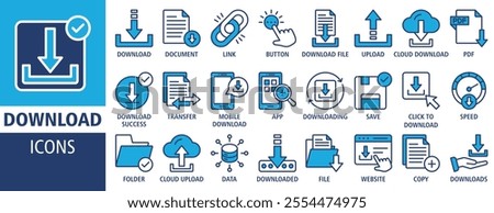 Download icon set vector concept illustration. Containing icon of upload, document, link, download file, folder, transfer, copy, data and PDF icons. Outline icon symbol background collection.