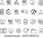 Download Icon Set. Vector Illustrations: Download File, Document, Link, Button, Upload to Cloud, Copy, App, Save, Speed, Folder, Data, and More