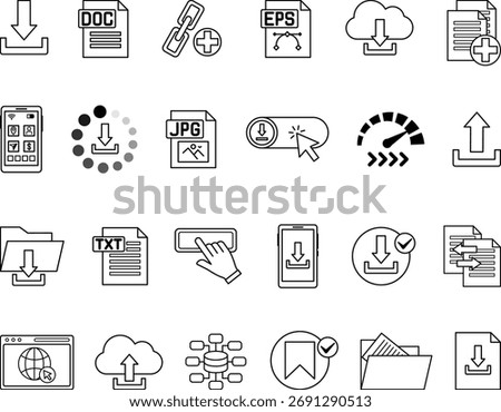 Download Icon Set. Vector Illustrations: Download File, Document, Link, Button, Upload to Cloud, Copy, App, Save, Speed, Folder, Data, and More