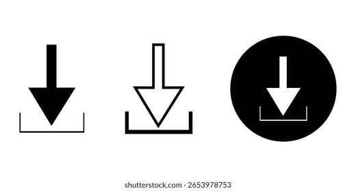 Symbol-Set herunterladen. Vektorsymbol auf weißem Hintergrund, Download-Schaltfläche, Pfeil-Download-Symbol, Download-Dateien-Symbol. Download-Zeichen und -Symbol. Vektorgrafik. 