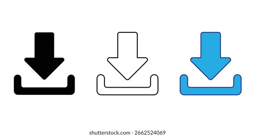 ícone de download definir vetor em fundo branco. ícone de download, botão de download, símbolo, sinal de download, seta, seta para baixo, preto, branco, azul, vetor, gráfico, digital, símbolo.