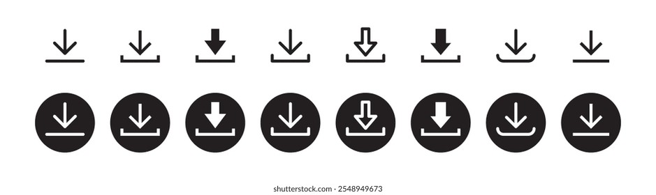 Download icon symbol. Round sign down arrow. Download icon for apps, websites interface. Vector illustration