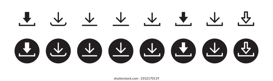 Download icon symbol. Round sign down arrow. Download icon for apps, websites interface. Vector illustration