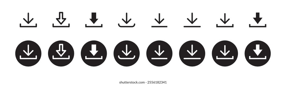 Download icon symbol. Round sign down arrow. Download icon for apps, websites interface. Vector illustration