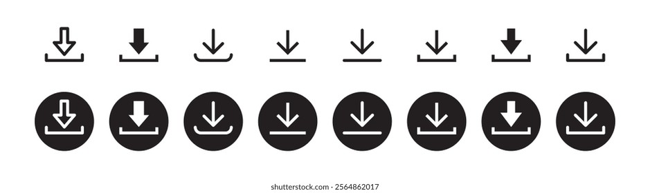 Download icon symbol. Round sign down arrow. Download icon for apps, websites interface. Vector illustration