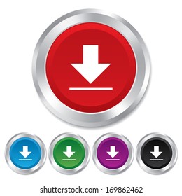 Download icon. Upload button. Load symbol. Round metallic buttons. Vector