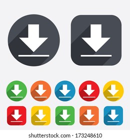 Download icon. Upload button. Load symbol. Circles and rounded squares 12 buttons. Vector