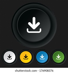 Download icon. Upload button. Load symbol. Round colourful buttons on black texture. Vector