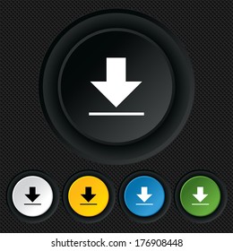 Download icon. Upload button. Load symbol. Round colourful buttons on black texture. Vector
