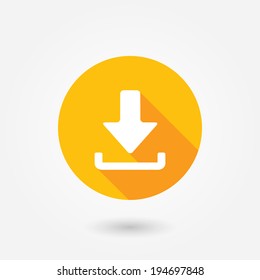 Download icon. Upload button. Load symbol. Round button. Vector icon in flat style with long shadow. Orange color