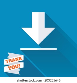 Download icon. Upload button. Load symbol. White flat icon with long shadow. Paper ribbon label with Thank you text. Vector