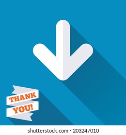 Download icon. Upload button. Load symbol. White flat icon with long shadow. Paper ribbon label with Thank you text. Vector
