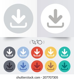 Download icon. Upload button. Load symbol. Round 12 circle buttons. Shadow. Hand cursor pointer. Vector