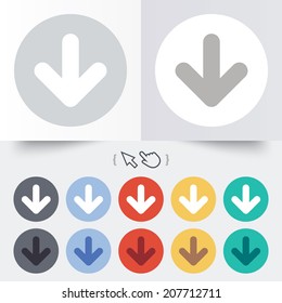 Download icon. Upload button. Load symbol. Round 12 circle buttons. Shadow. Hand cursor pointer. Vector