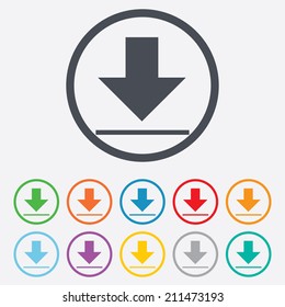 Download icon. Upload button. Load symbol. Round circle buttons with frame. Vector