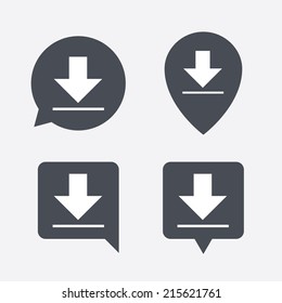 Download icon. Upload button. Load symbol. Map pointers information buttons. Speech bubbles with icons. Vector