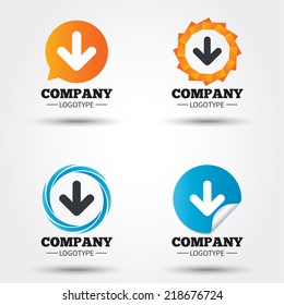 Download icon. Upload button. Load symbol. Business abstract circle logos. Icon in speech bubble, wreath. Vector