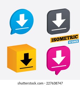 Download icon. Upload button. Load symbol. Isometric speech bubbles and cube. Rotated icons with edges. Vector