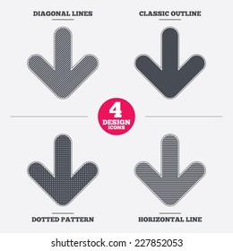 Download icon. Upload button. Load symbol. Diagonal and horizontal lines, classic outline, dotted texture. Pattern design icons.  Vector