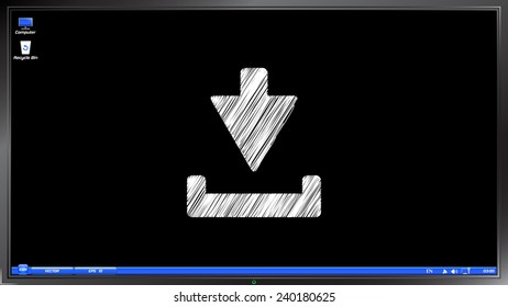 Download icon. Upload button. Load symbol on the screen monitor. Scribble and hatching style. Made vector illustration
