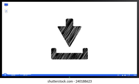 Download icon. Upload button. Load symbol on the screen monitor. Scribble and hatching style. Made vector illustration