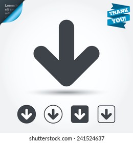 Download icon. Upload button. Load symbol. Circle and square buttons. Flat design set. Thank you ribbon. Vector