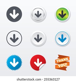 Download icon. Upload button. Load symbol. Circle concept buttons. Metal edging. Star and label sticker. Vector