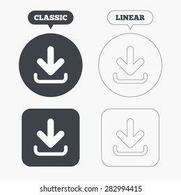 Download icon. Upload button. Load symbol. Classic and line web buttons. Circles and squares. Vector